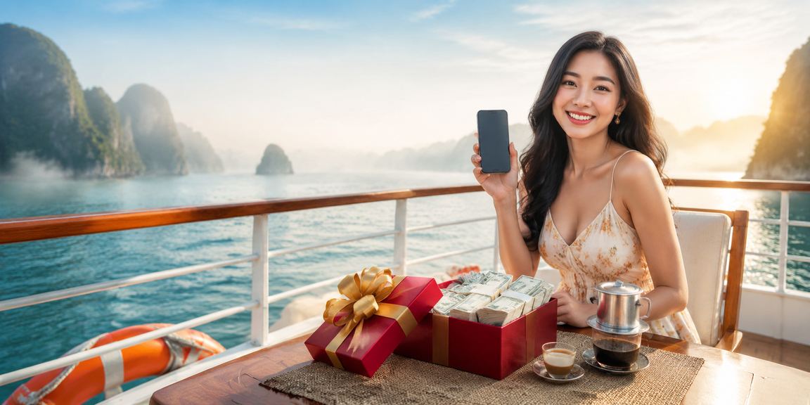 Người dùng trải nghiệm casino di động tại Vịnh Hạ Long, nhìn ra biển và đặt cược qua điện thoại