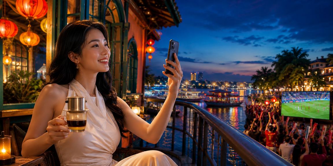 Người dùng tại Hà Nội sử dụng ứng dụng casino di động tại quán cà phê, trải nghiệm bảo mật tài khoản