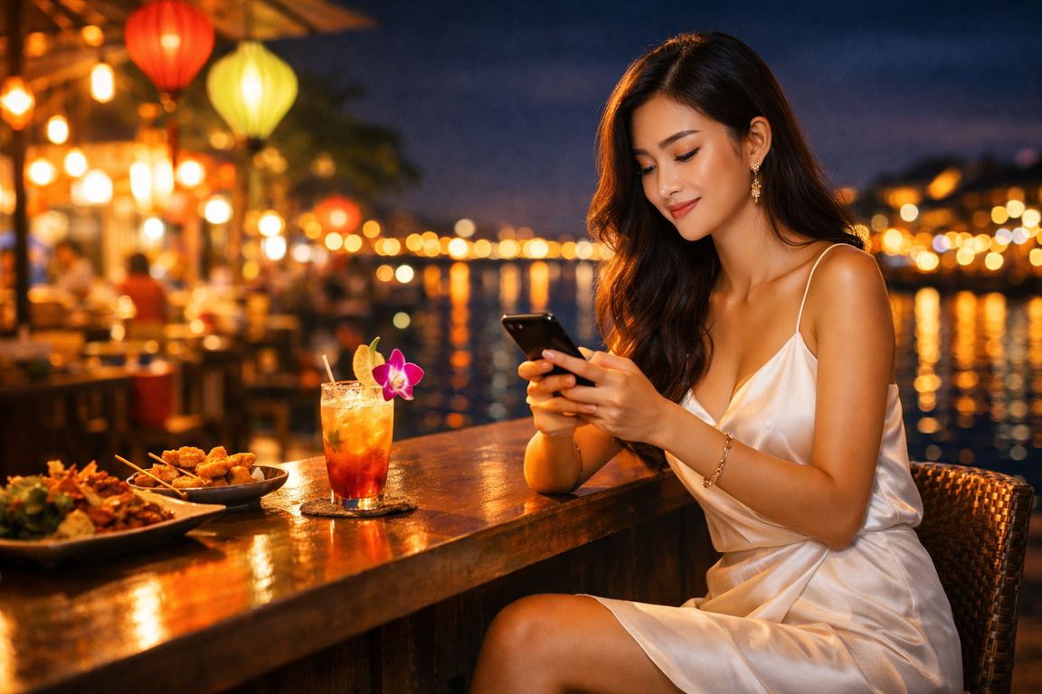 Người dùng tại chợ đêm miền Tây sông Mekong trải nghiệm casino di động và đặt cược trực tuyến