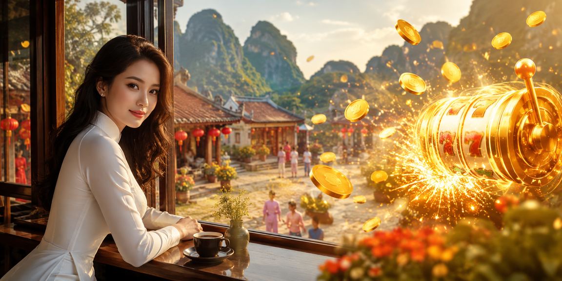 Người phụ nữ mặc áo dài tại Ninh Bình chơi slot game trực tuyến và trải nghiệm thanh toán qua ứng dụng