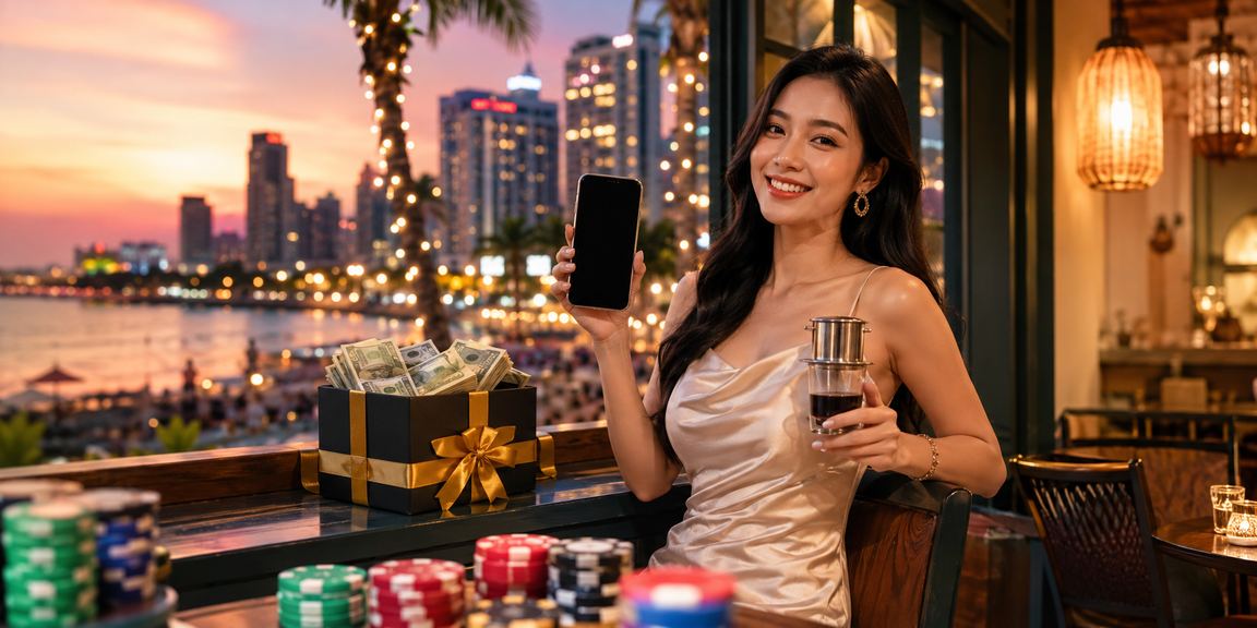 Người dùng tại Phú Quốc trải nghiệm casino di động tại quán cà phê, thực hiện thanh toán và nạp tiền